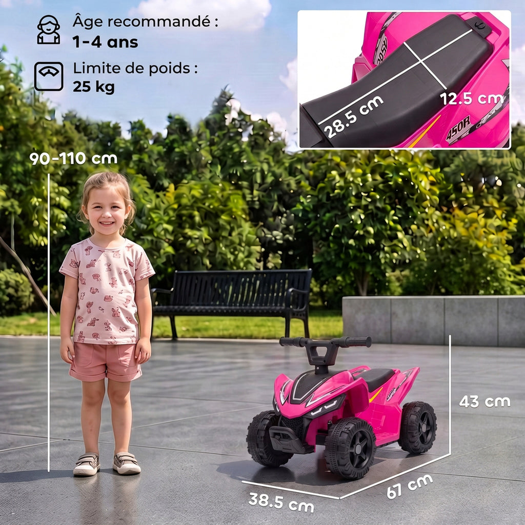 Quad Électrique Enfants 6 V, Voiture Électrique Enfants, Batterie au Lithium, Vitesse Max. 2 Km/H, 18 à 48 Mois, Rose