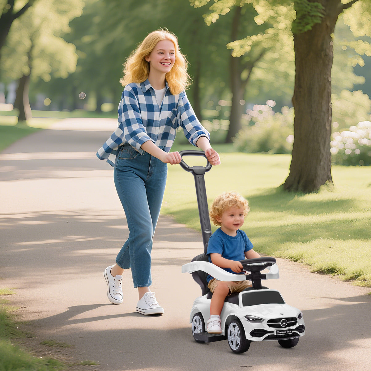 Porteur Enfants Mercedes-Benz sous Licence, Porteur Voiture à Pousser avec Poignée Amovible, 91 x 40 x 83 cm, Blanc