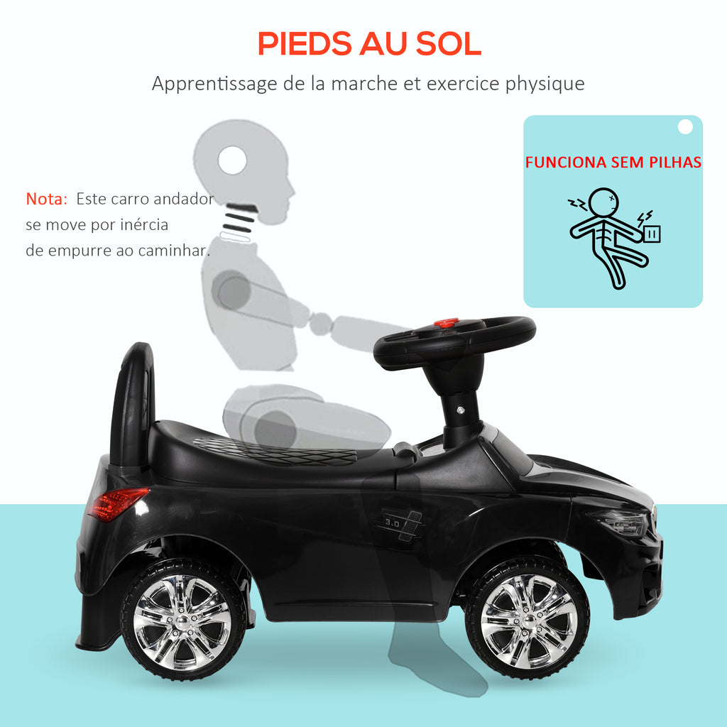 Porteur enfants voiture, véhicule à pousser avec coffre à jouets, klaxon, phares et musique, 63,5 x 28 x 36 cm, noir