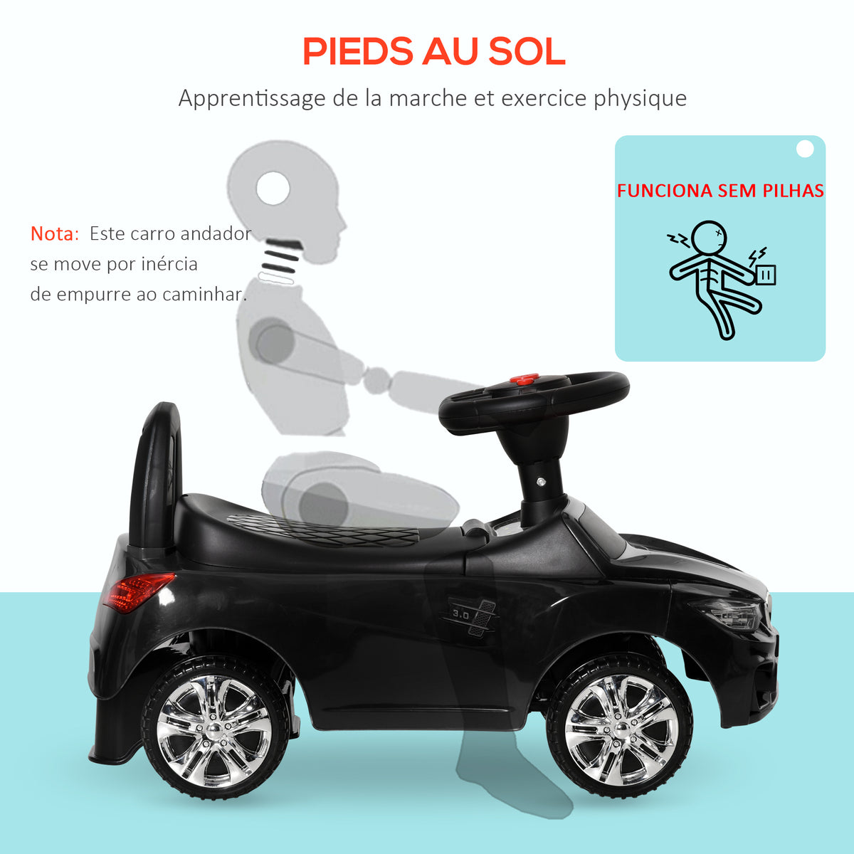 Porteur enfants voiture, véhicule à pousser avec coffre à jouets, klaxon, phares et musique, 63,5 x 28 x 36 cm, noir