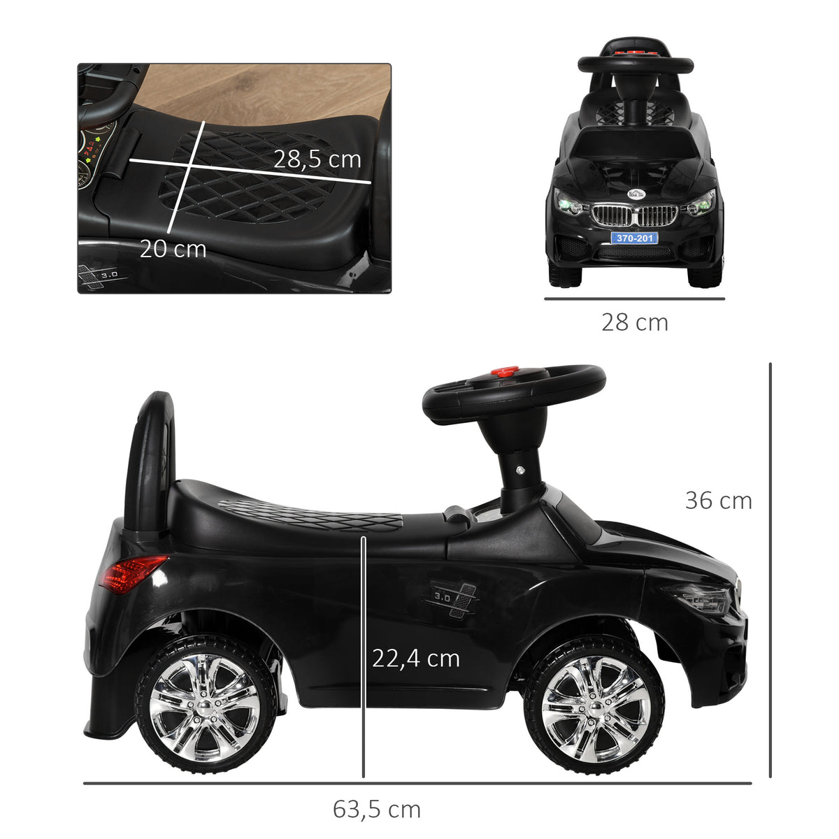 Porteur enfants voiture, véhicule à pousser avec coffre à jouets, klaxon, phares et musique, 63,5 x 28 x 36 cm, noir