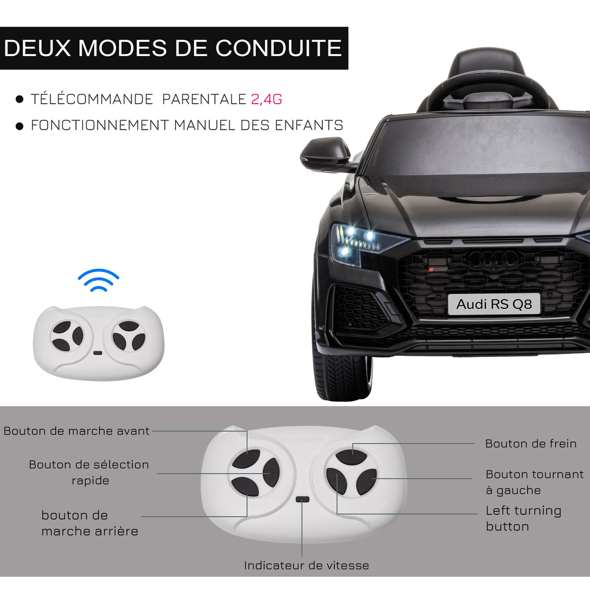 Voiture électrique enfants sous licence Audi RS Q8, véhicule électrique avec télécommande, USB, Bluetooth, noir