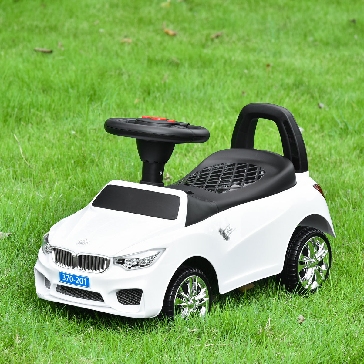 Porteur enfants voiture, véhicule à pousser avec coffre à jouets, klaxon, phares et musique, 63,5 x 28 x 36 cm, blanc