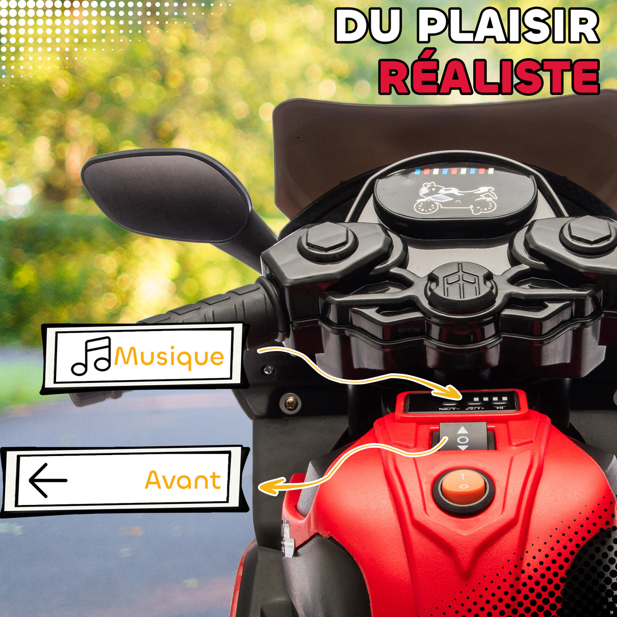 Moto électrique enfants 6 V, voiture électrique enfants avec roues d'entraînement, effets lumineux et sonores, rouge