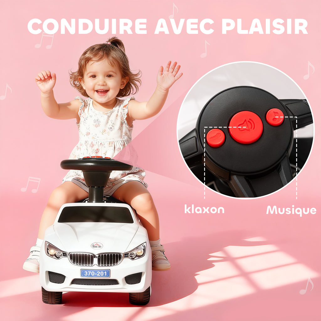 Porteur enfants voiture, véhicule à pousser avec coffre à jouets, klaxon, phares et musique, 63,5 x 28 x 36 cm, blanc