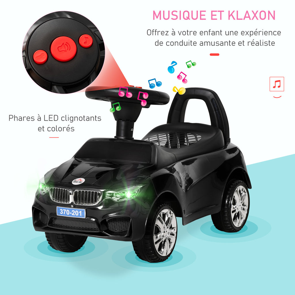 Porteur enfants voiture, véhicule à pousser avec coffre à jouets, klaxon, phares et musique, 63,5 x 28 x 36 cm, noir