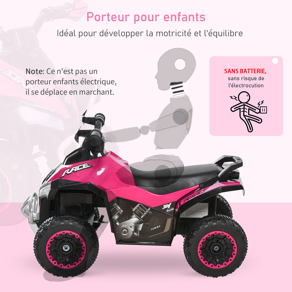 Porteur Enfants SANS Moteur Quad 18-36 Mois dim. 67L x 38l x 44H cm Effets Lumineux et sonores Rose Noir PAS ÉLECTRIQUE