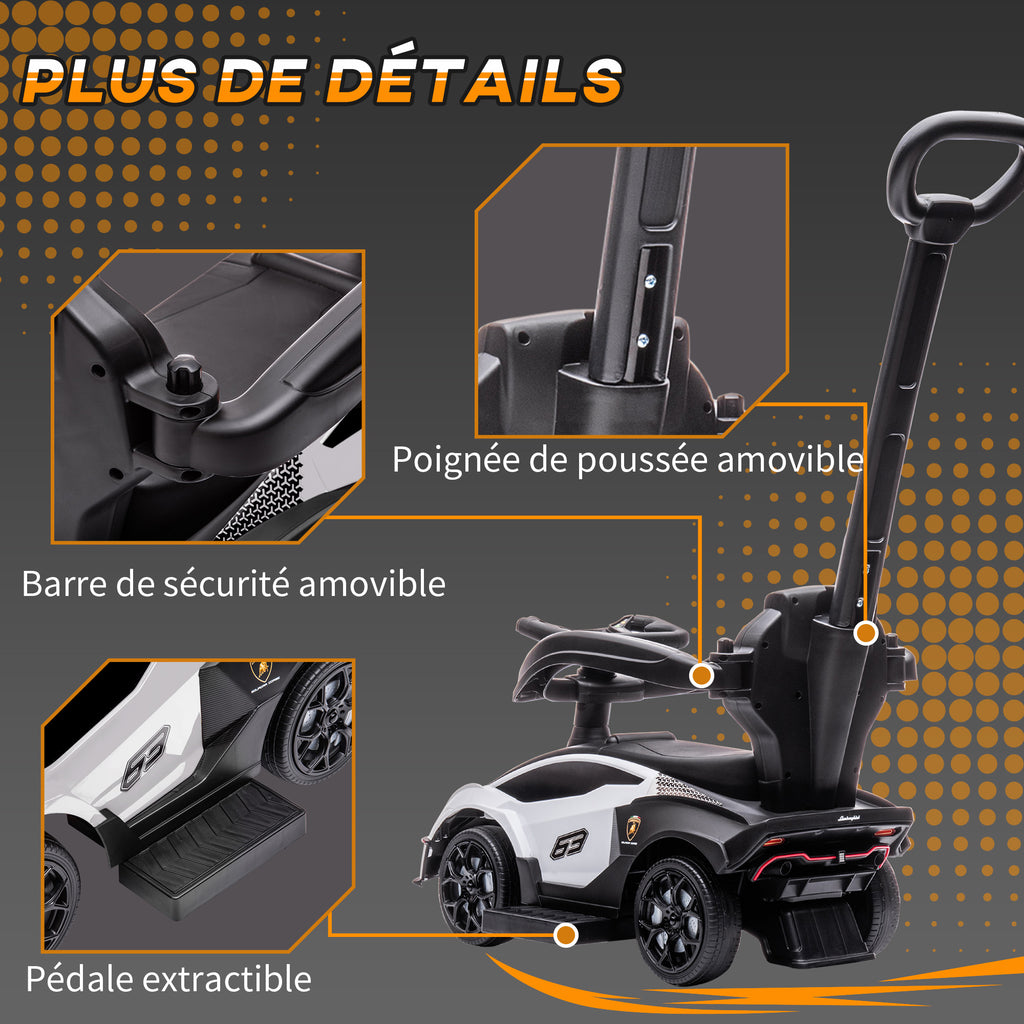 Voiture à pousser pour enfants porteur enfants 1 à 3 ans multi-équipée avec poignée de poussée, klaxon et volant, Blanc