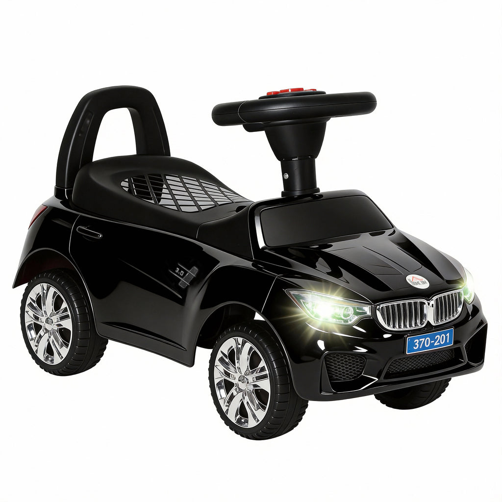 Porteur enfants voiture, véhicule à pousser avec coffre à jouets, klaxon, phares et musique, 63,5 x 28 x 36 cm, noir