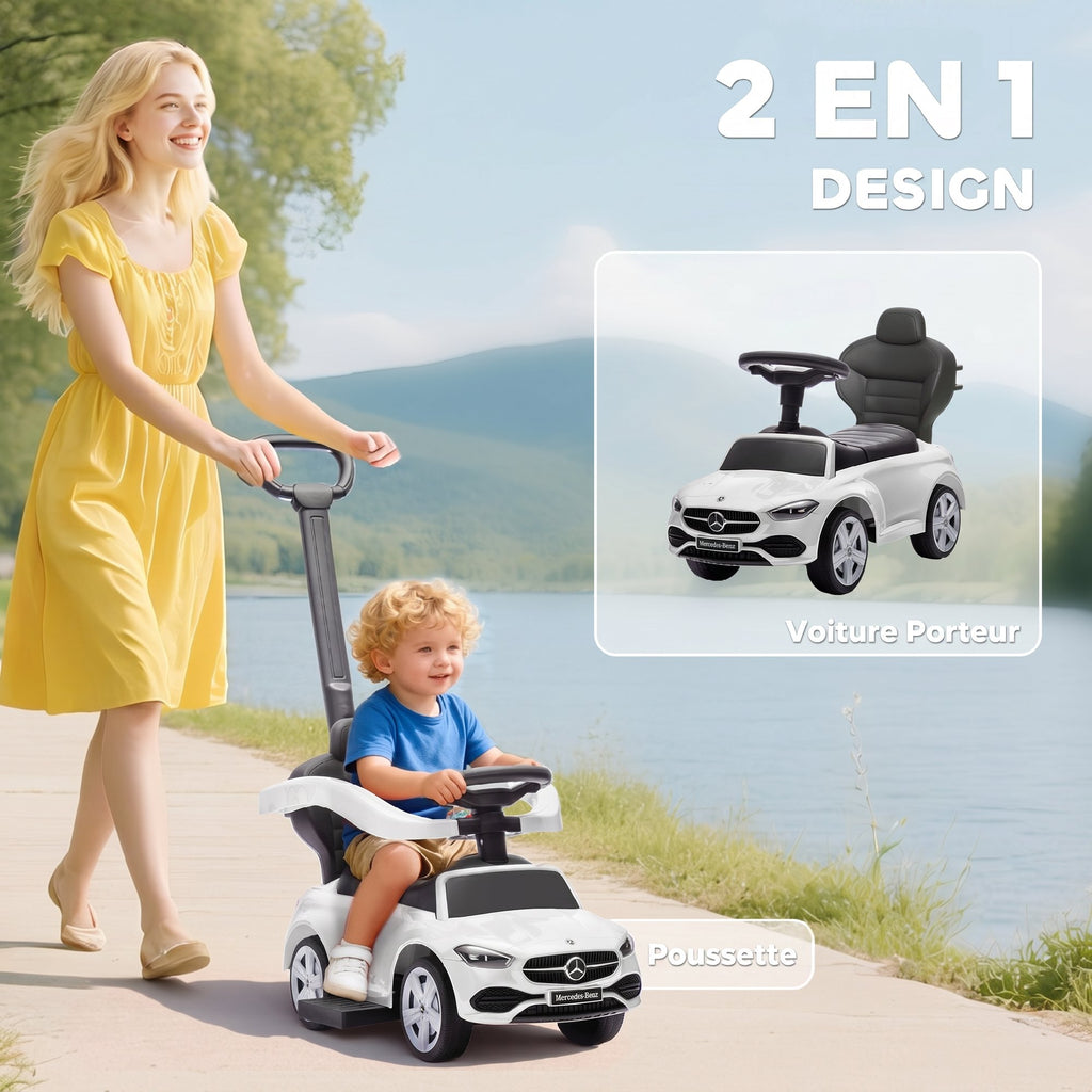 Porteur Enfants Mercedes-Benz sous Licence, Porteur Voiture à Pousser avec Poignée Amovible, 91 x 40 x 83 cm, Blanc