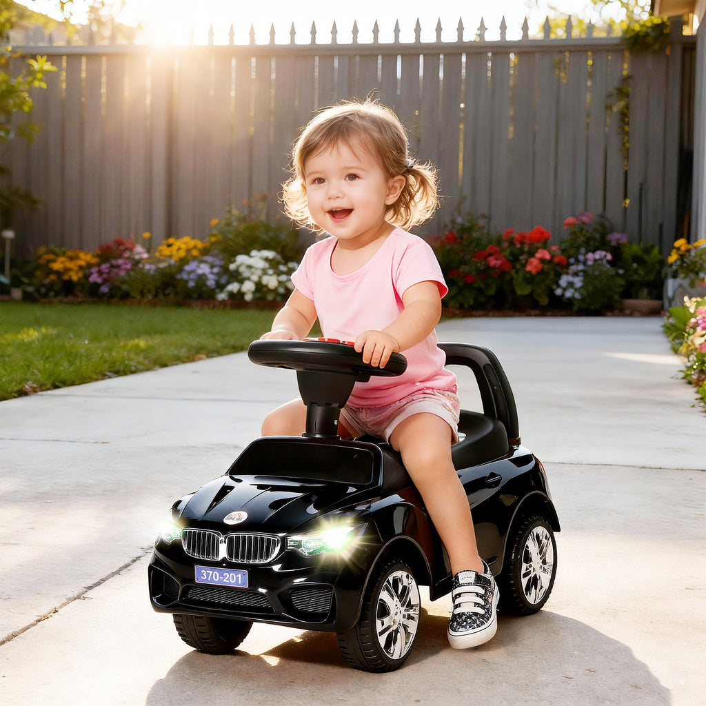 Porteur enfants voiture, véhicule à pousser avec coffre à jouets, klaxon, phares et musique, 63,5 x 28 x 36 cm, noir