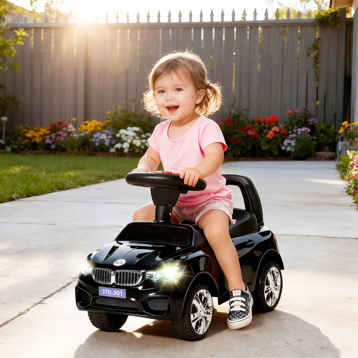 Porteur enfants voiture, véhicule à pousser avec coffre à jouets, klaxon, phares et musique, 63,5 x 28 x 36 cm, noir