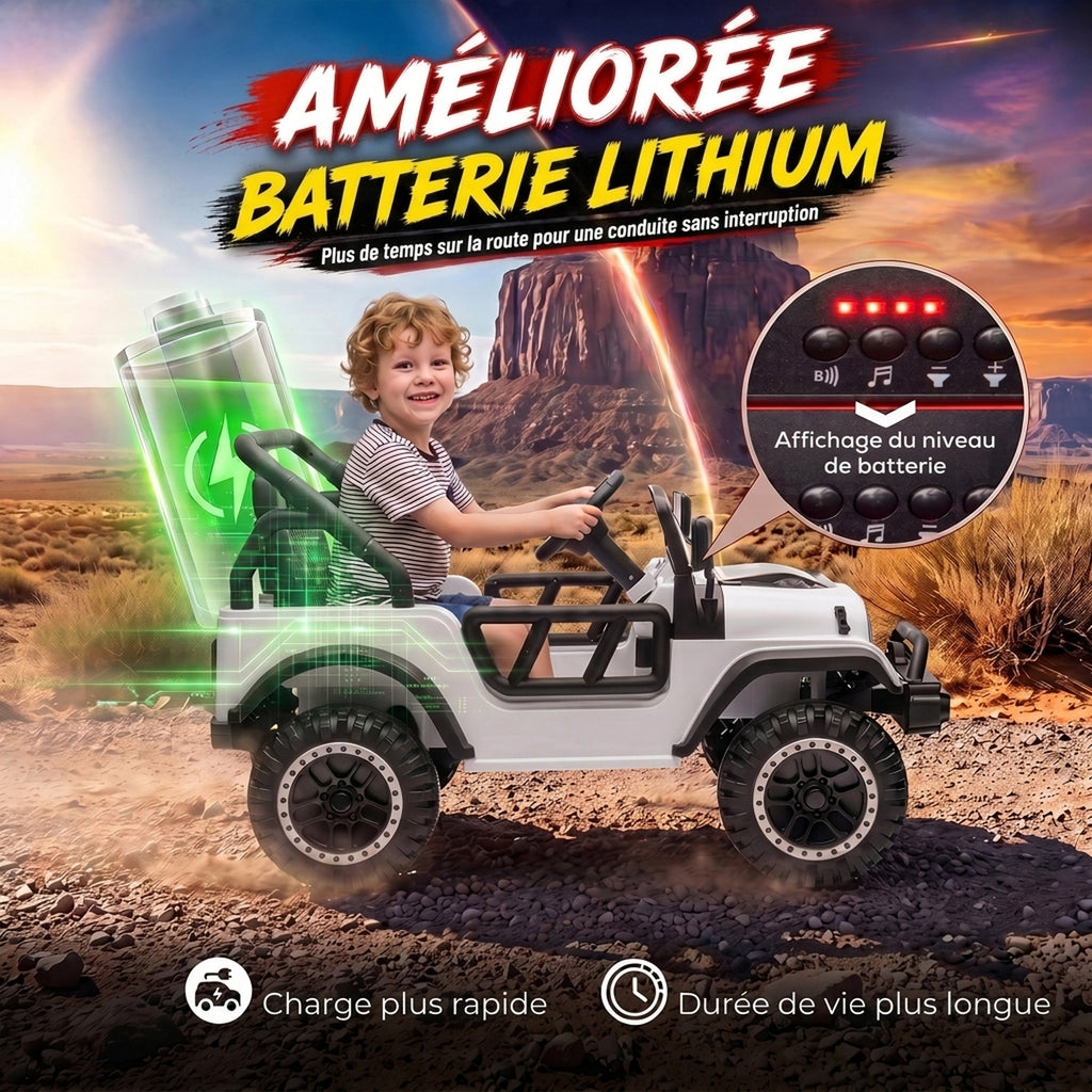 Voiture Électrique Enfants 12V, Buggy Électrique Enfants, 2 Moteurs, Télécommande 2,4G, Batterie Lithium, Blanc