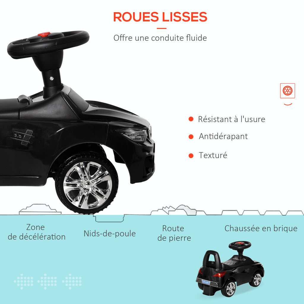 Porteur enfants voiture, véhicule à pousser avec coffre à jouets, klaxon, phares et musique, 63,5 x 28 x 36 cm, noir