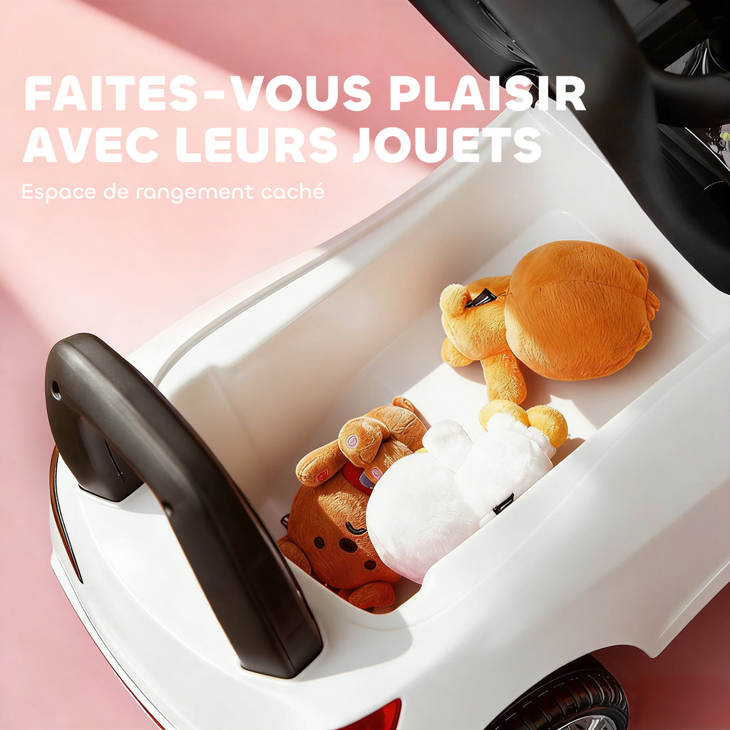 Porteur enfants voiture, véhicule à pousser avec coffre à jouets, klaxon, phares et musique, 63,5 x 28 x 36 cm, blanc