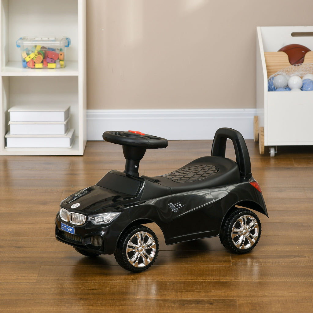 Porteur enfants voiture, véhicule à pousser avec coffre à jouets, klaxon, phares et musique, 63,5 x 28 x 36 cm, noir